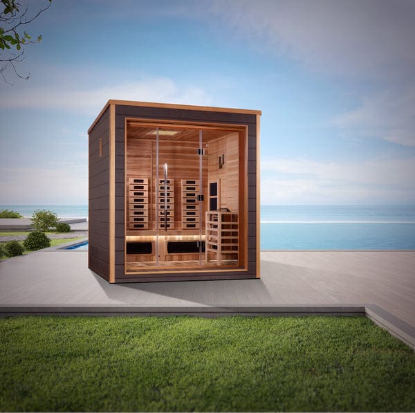 Golden Designs Visby 3 Person Outdoor-Indoor PureTech™ Hybrid Full Spectrum Sauna - Canadian Red Cedar Interior GDI-8223-01