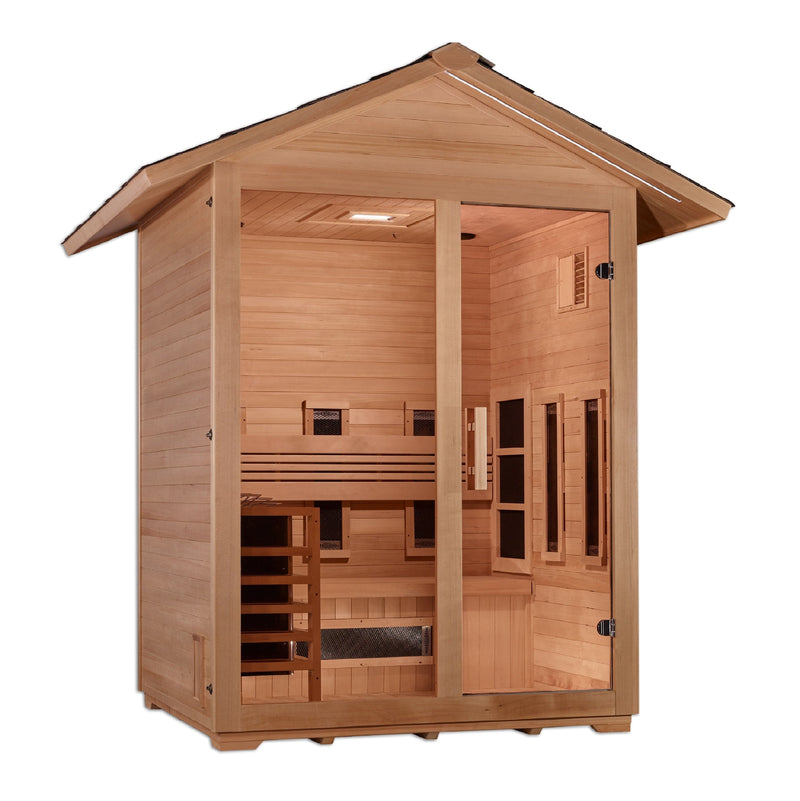 Golden Designs "Carinthia" 3 Person Hybrid (PureTech™ Full Spectrum IR or Traditional Stove) Outdoor Sauna - Canadian Hemlock - GDI-8123-01