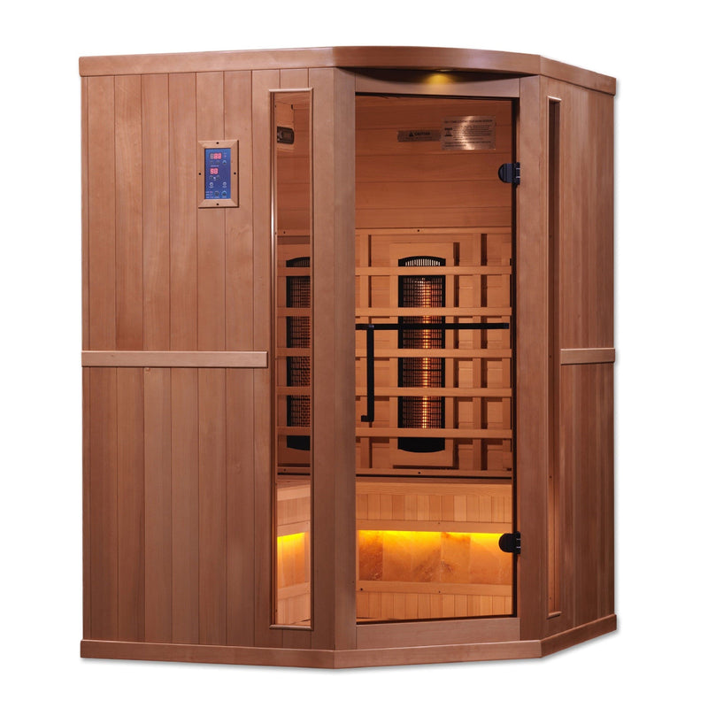 Golden Designs 3-Person Corner Full Spectrum PureTech™ Near Zero EMF Infrared Sauna with Himalayan Salt Bar - GDI-8035-02