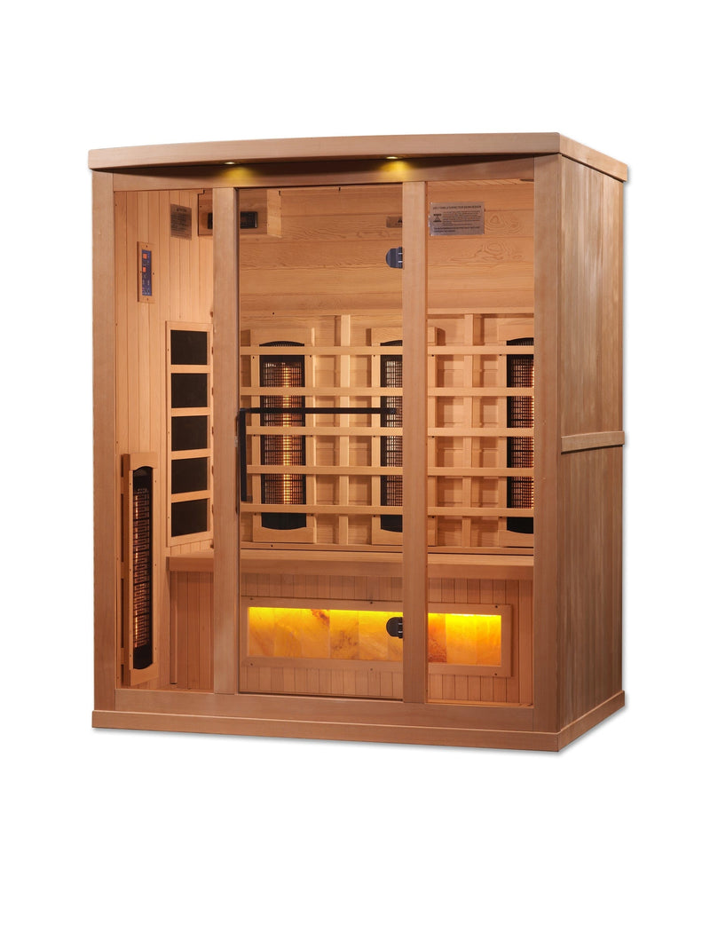 Golden Designs 3-Person Full Spectrum PureTech™ Near Zero EMF Infrared Sauna with Himalayan Salt Bar