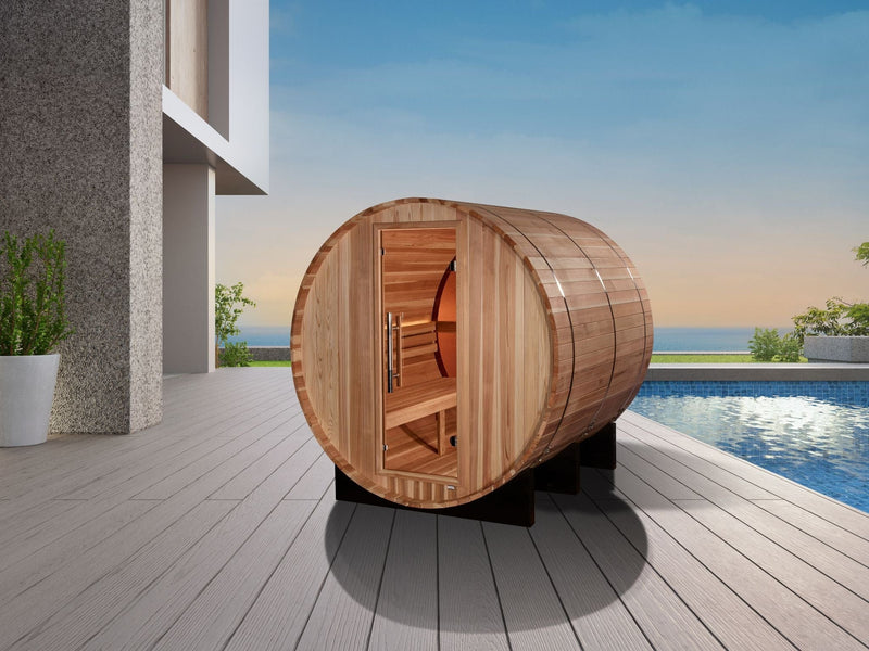 Golden Designs "Zurich" 4 Person Barrel with Bronze Privacy View - Traditional Sauna - Pacific Cedar